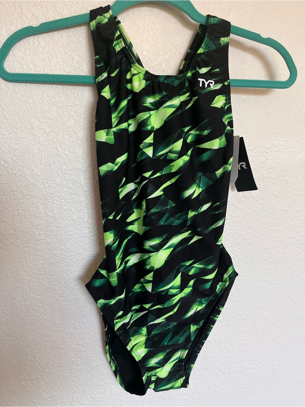 TYR Black and Neon Green Geometric Girls' One-Piece Swim